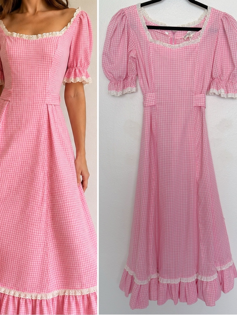 Vintage 70s Pink Gingham Prairie Dress Lace Trim Puff Sleeve Midi